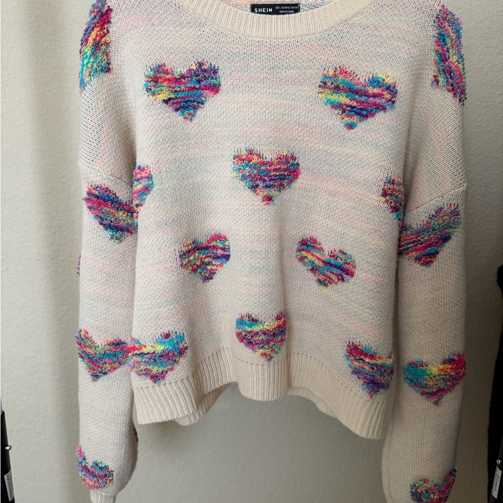 SHEIN Cream Knit Cropped Sweater with Rainbow Hearts